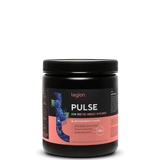 A container of Legion Pulse Stim-Free Pre-Workout Supplement with blue raspberry flavor, showing the brand logo and product information on the label.