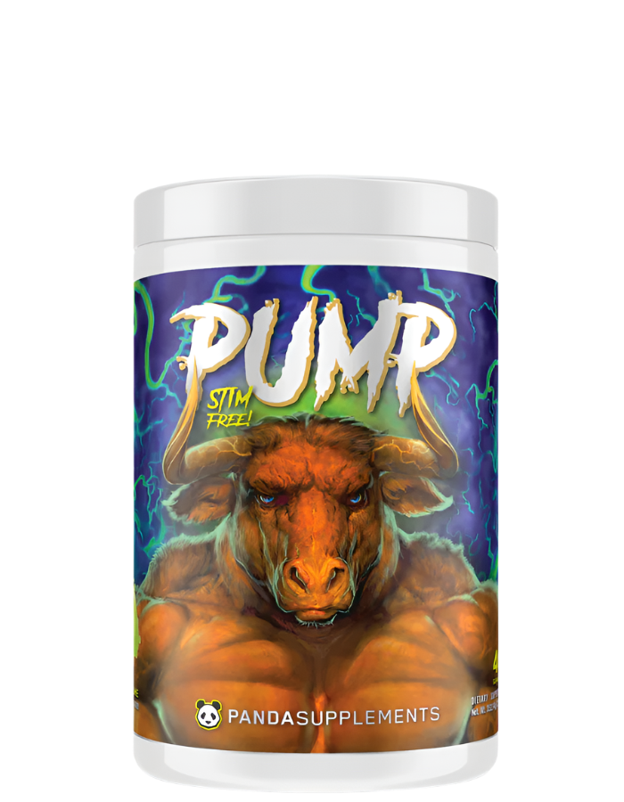 A container of PUMP Stim Free Pre-Workout supplement with a graphic of a bull on the label.