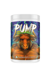 A container of PUMP Stim Free Pre-Workout supplement with a graphic of a bull on the label.