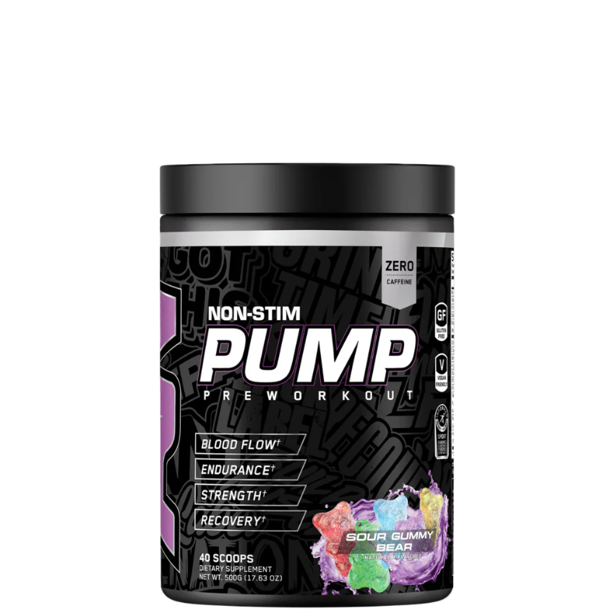 A container of ABE Pump Zero Stim Pre-Workout powder with a colorful label showing various graphic elements and text indicating the product is a non-stimulant, nootropic-rich pre-workout supplement.