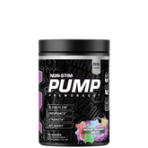 A container of ABE Pump Zero Stim Pre-Workout powder with a colorful label showing various graphic elements and text indicating the product is a non-stimulant, nootropic-rich pre-workout supplement.