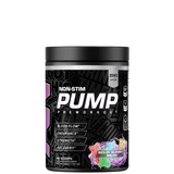 A container of ABE Pump Zero Stim Pre-Workout powder with a colorful label showing various graphic elements and text indicating the product is a non-stimulant, nootropic-rich pre-workout supplement.