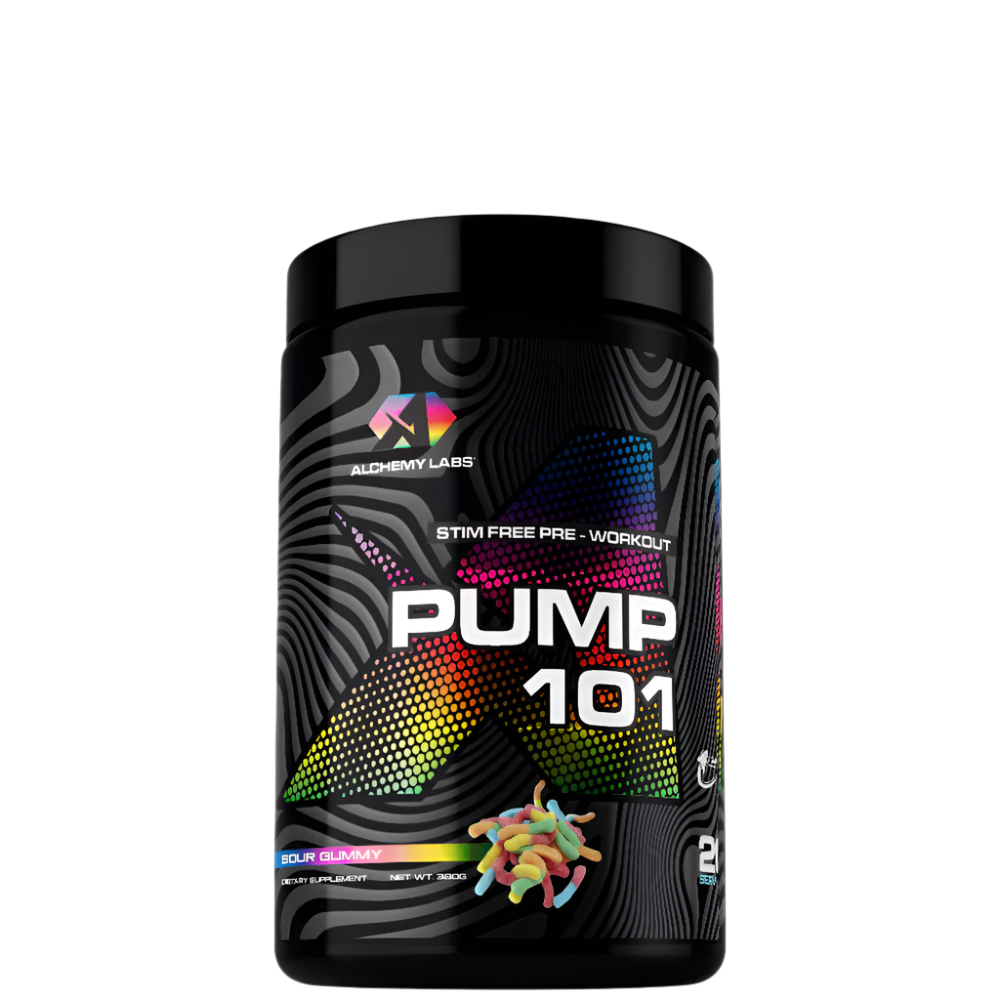 A container of PUMP 101 supplement powder with a colorful, abstract design.