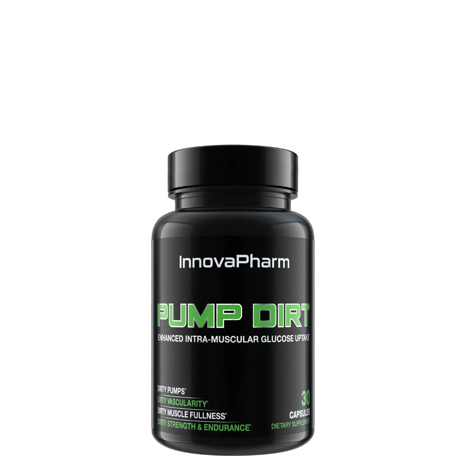 A black bottle with green label text that reads 'InnovaPharm PUMP DIRT enhanced intra-muscular glucose shuttling'.