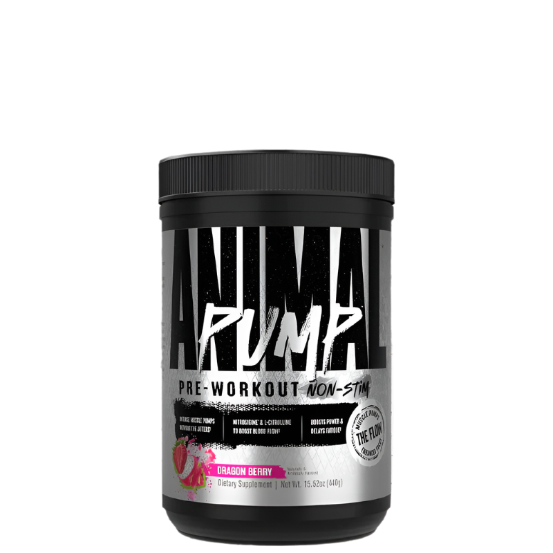 A container of Animal Pump Non-Stim pre-workout supplement with a black and pink label, indicating the product is for muscle pump and vascularity support.