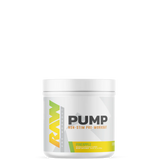 A container of PUMP Non-stim Pre-Workout supplement powder with lemon-lime flavor by RAW Supplements.