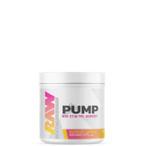 A container of PUMP Non-stim Pre-Workout supplement powder with lemon-lime flavor by RAW Supplements.