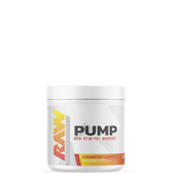 A container of PUMP Non-stim Pre-Workout supplement powder with lemon-lime flavor by RAW Supplements.