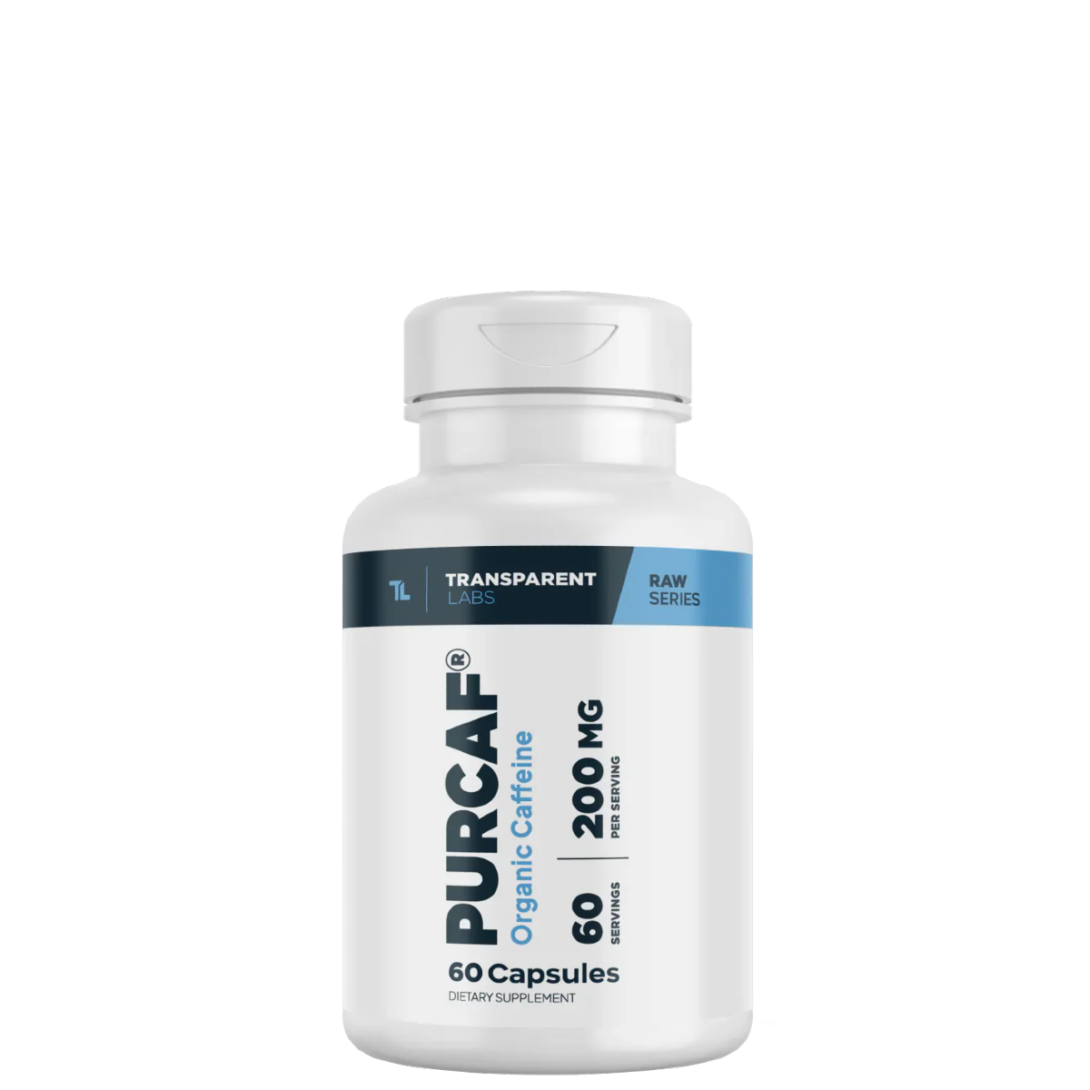 A bottle of PurCaf Organic Caffeine Capsules with 60 capsules, each marked with 200 mg of caffeine content.
