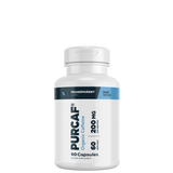 A bottle of PurCaf Organic Caffeine Capsules with 60 capsules, each marked with 200 mg of caffeine content.