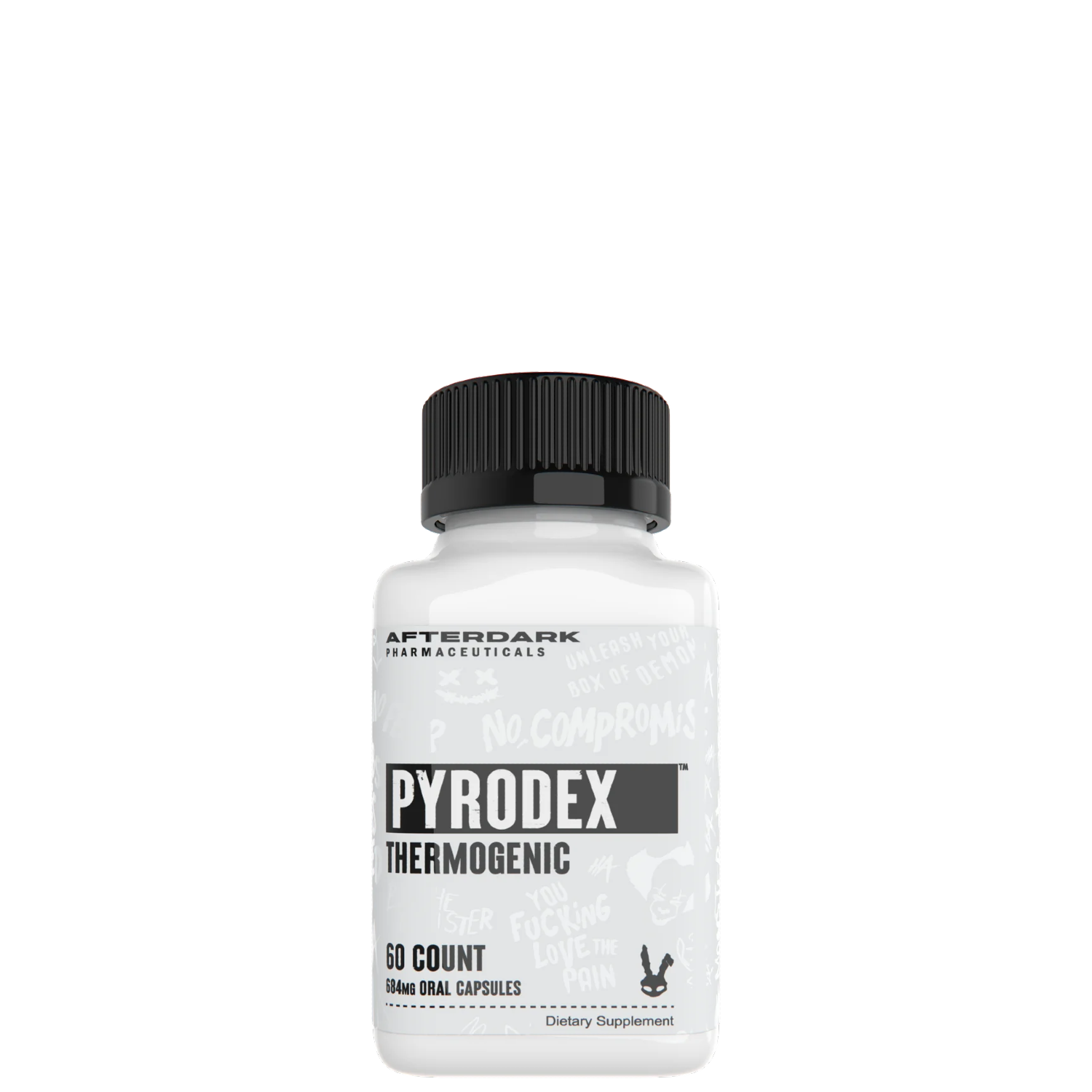 A bottle of Afterdark Pyrodex Thermogenic supplement with black cap and white label containing 60 capsules for weight loss.