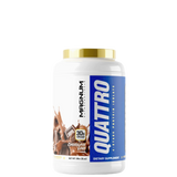 A container of Magnum Quattro protein powder with blue and white labeling.
