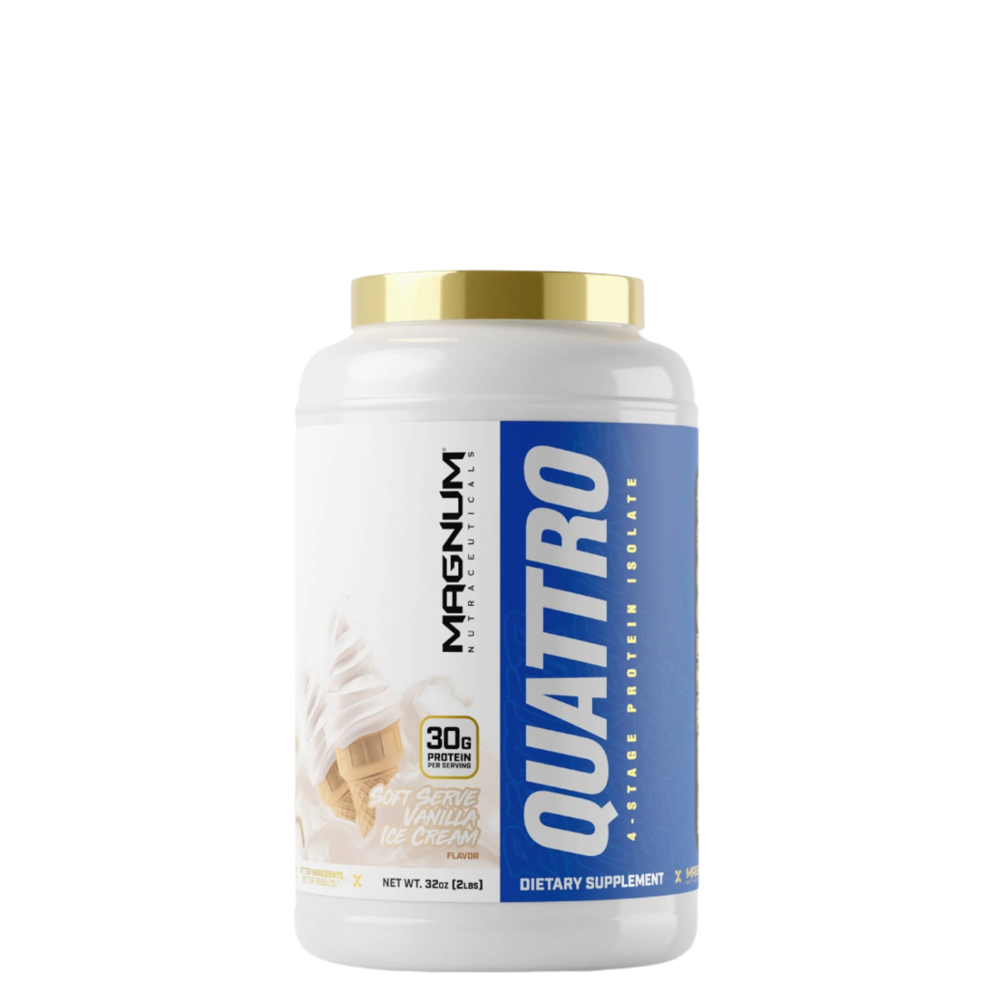 A container of Magnum Quattro protein powder with blue and white labeling.