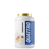 A container of Magnum Quattro protein powder with blue and white labeling.