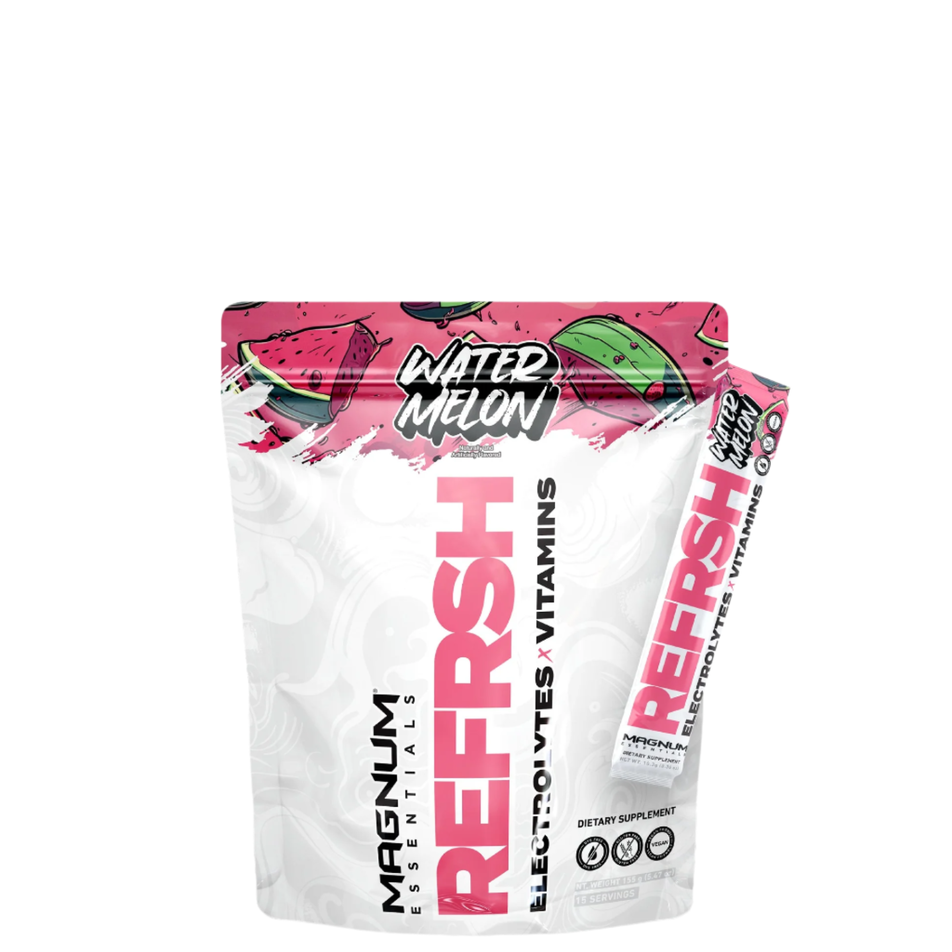 A sealed pouch of Magnum Essentials REFRSH Electrolytes x Vitamins with watermelon flavor, predominantly white with pink and green accents, and text detailing the product's benefits.