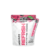 A sealed pouch of Magnum Essentials REFRSH Electrolytes x Vitamins with watermelon flavor, predominantly white with pink and green accents, and text detailing the product's benefits.