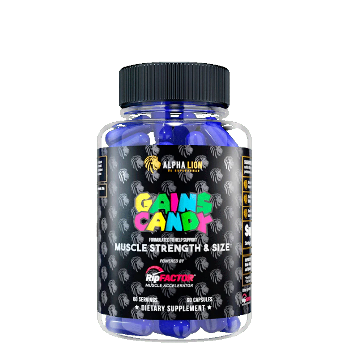 Container with black label and blue capsules.