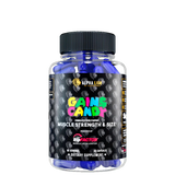 Container with black label and blue capsules.