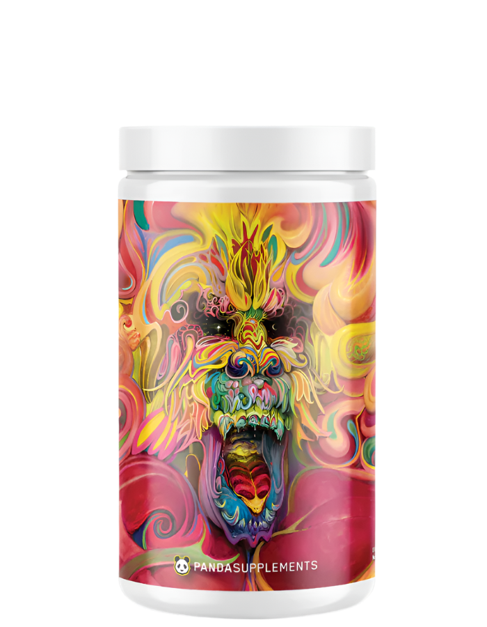 A container of PANDA SUPPS Rampage CHAOS - Limited Edition Pre-Workout supplement with a colorful and vivid dragon illustration on the label.