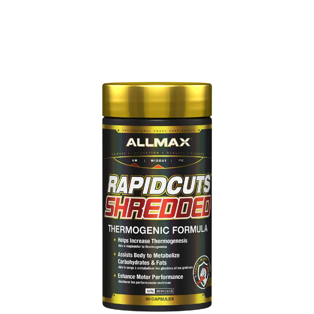 A container of Rapidcuts Shredded Thermogenic Fat Burner by ALLMAX Nutrition.