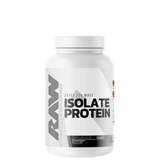 A white plastic jar with a label that reads 'RAW ISOLATE PROTEIN'.