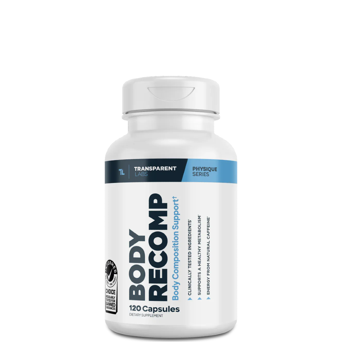 A bottle of BODY RECOMP FAT BURNER capsules by Transparent Labs, with blue label detailing product information.
