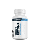 A bottle of BODY RECOMP FAT BURNER capsules by Transparent Labs, with blue label detailing product information.