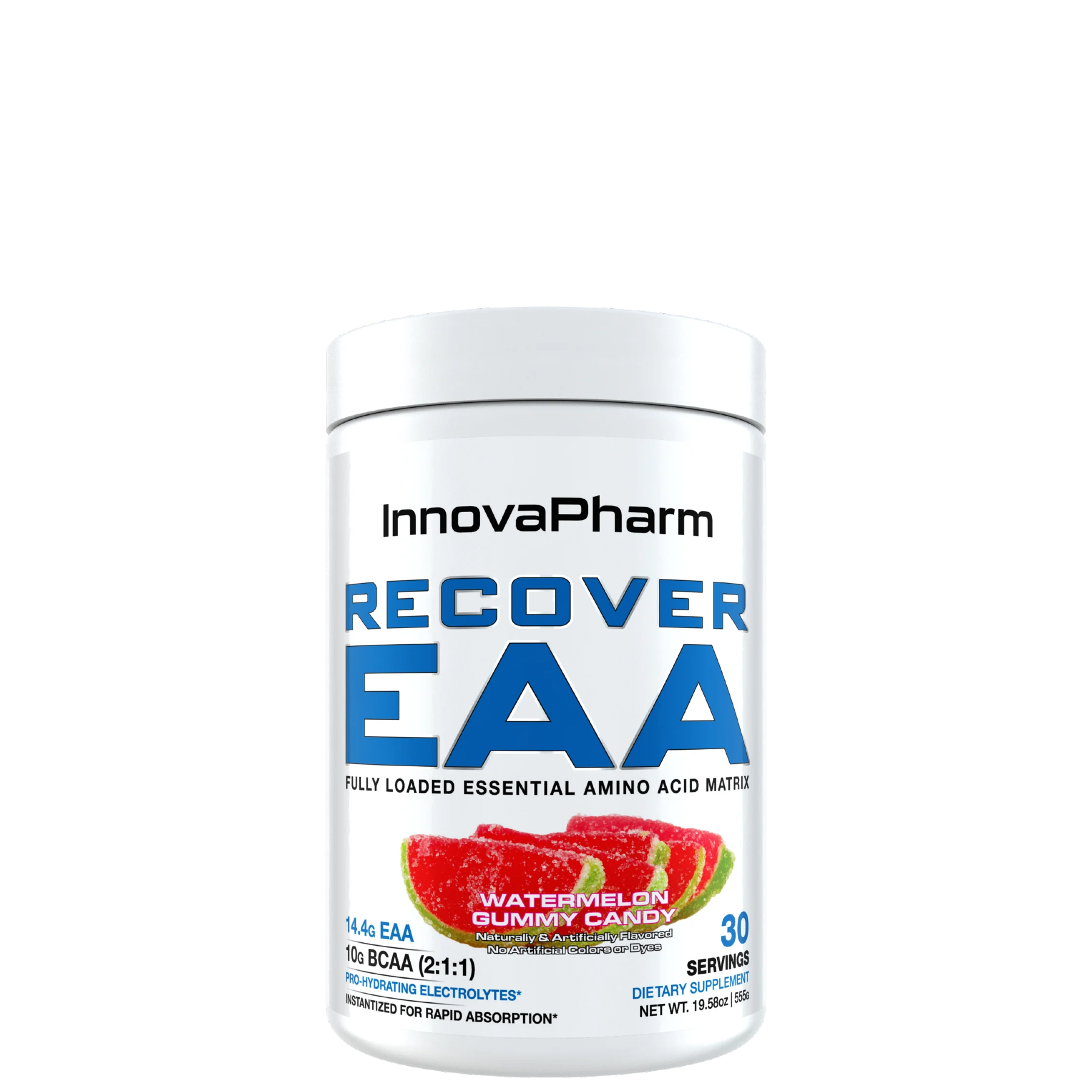 A container of InnovaPharm RECOVER EAA in Watermelon Gummy Candy flavor, with a white background.