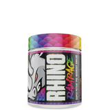 A container of Rhino Rampage pre workout supplement with a graphic of a rhino on the label.