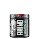 A container of Rhino Rampage pre workout supplement with a graphic of a rhino on the label.