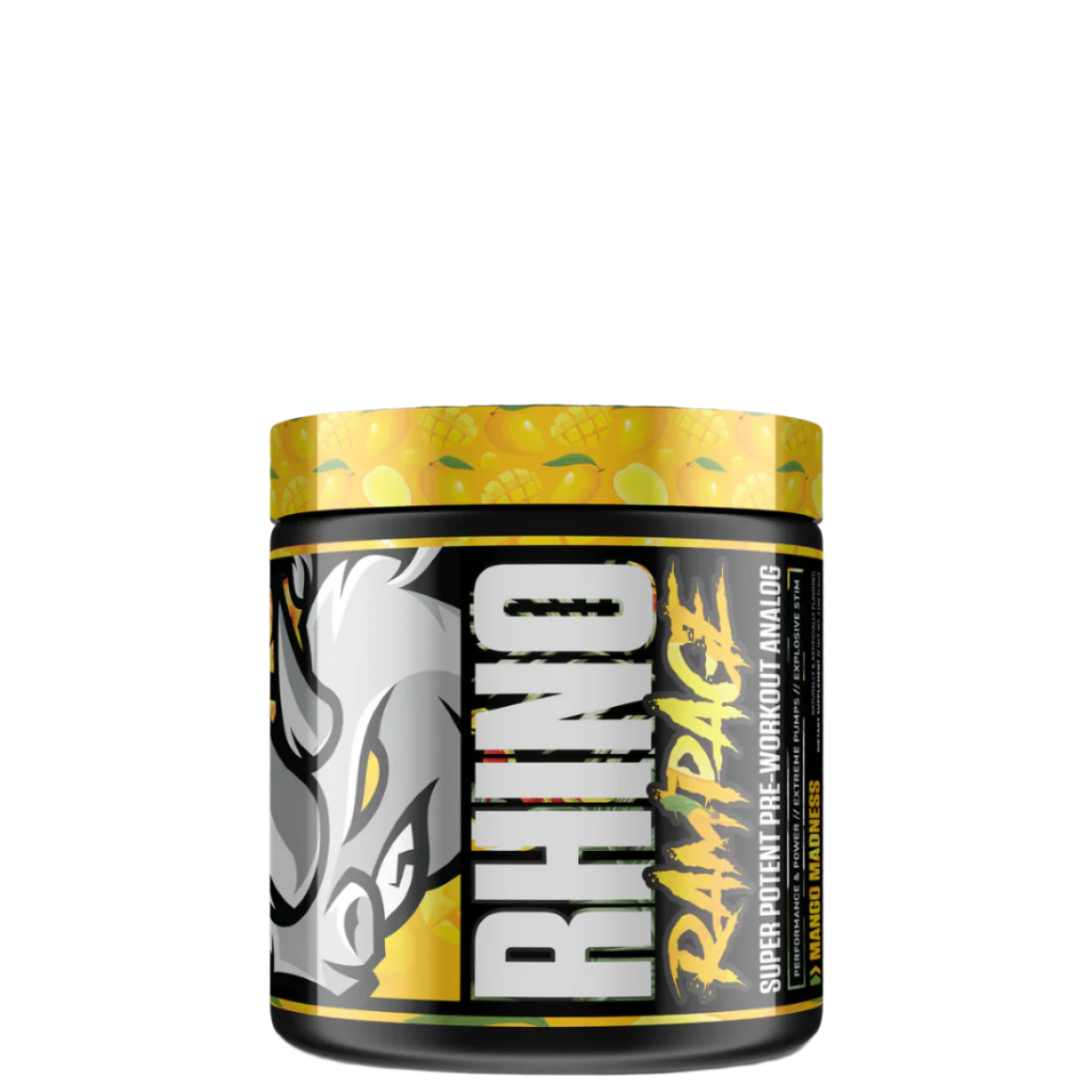 A container of Rhino Rampage pre workout supplement with a graphic of a rhino on the label.