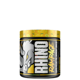 A container of Rhino Rampage pre workout supplement with a graphic of a rhino on the label.