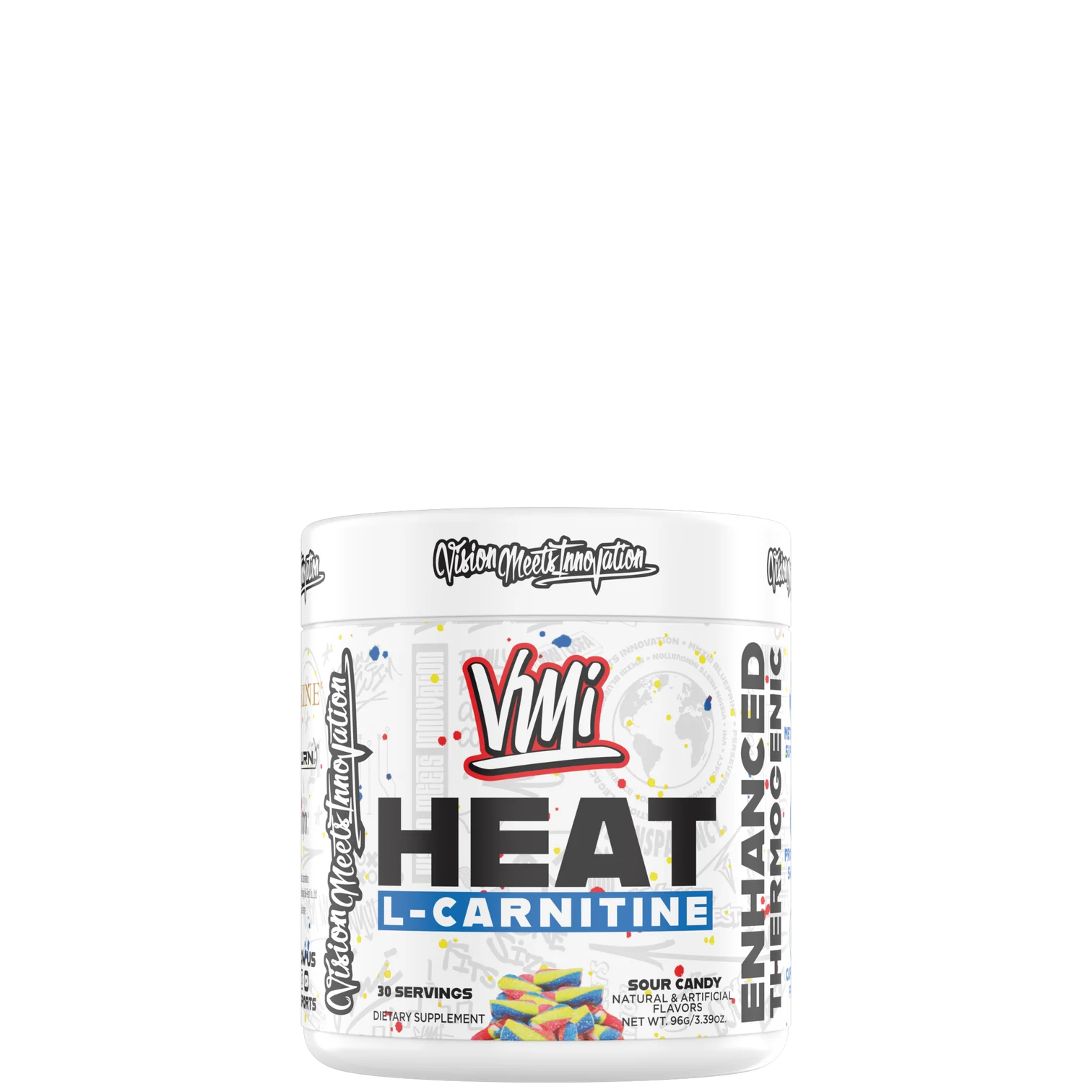 Container of VMI Sports Heat L-Carnitine Powder with colorful label design.
