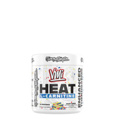 Container of VMI Sports Heat L-Carnitine Powder with colorful label design.