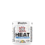 Container of VMI Sports Heat L-Carnitine Powder with colorful label design.