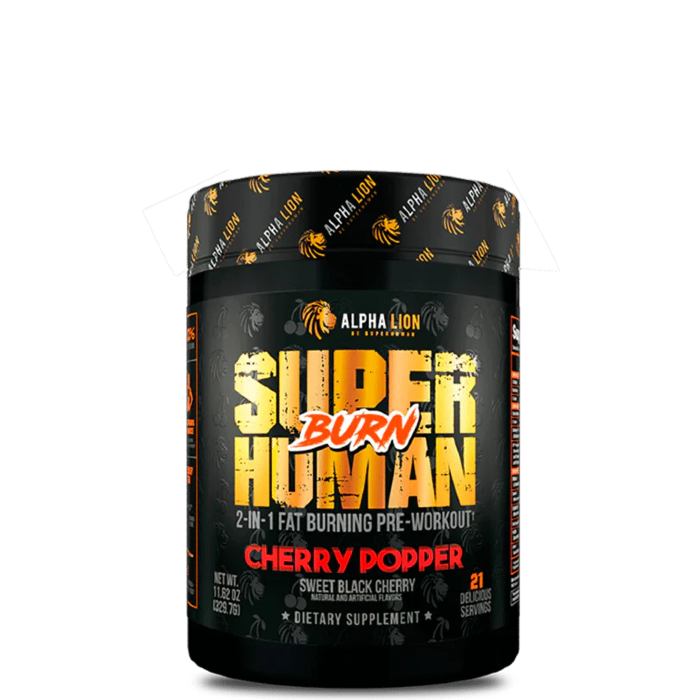 container of Superhuman Burn dietary supplement by Alpha Lion, with a black and gold design featuring red and white text and a cherry image.