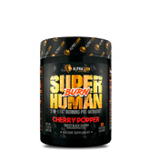 container of Superhuman Burn dietary supplement by Alpha Lion, with a black and gold design featuring red and white text and a cherry image.