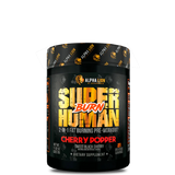 container of Superhuman Burn dietary supplement by Alpha Lion, with a black and gold design featuring red and white text and a cherry image.