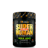 container of Superhuman Burn dietary supplement by Alpha Lion, with a black and gold design featuring red and white text and a cherry image.