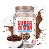 A container of Superhuman Protein powder with various flavors represented visually, such as cookies and cream and caramel, alongside graphical elements like a splash of milk and nuts.