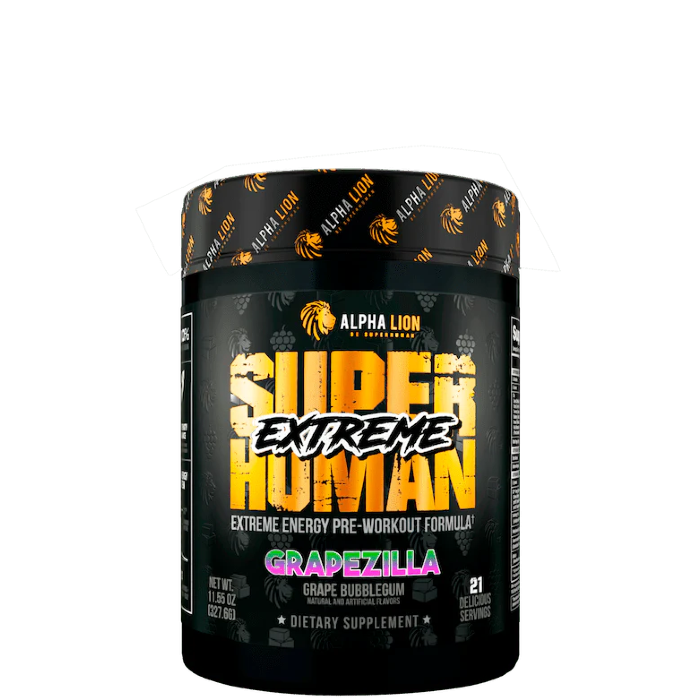 Superhuman® Extreme tub with pre-workout scoop on bench
