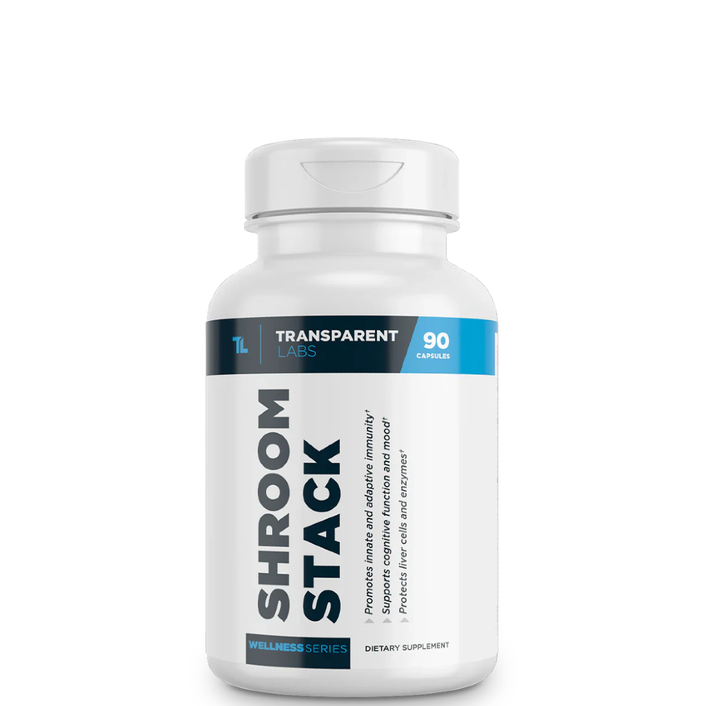 A bottle of Transparent Labs Shroom Stack supplement with 90 capsules, labeled for promoting health and wellness.