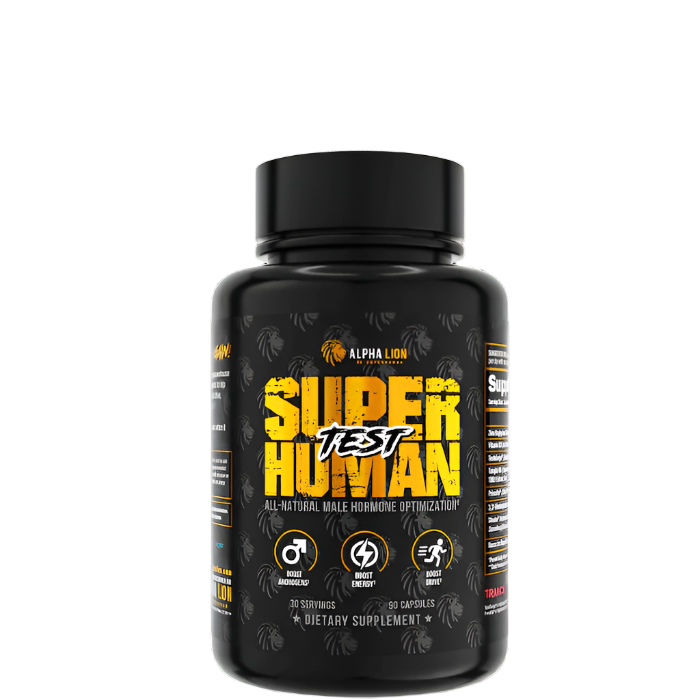 A bottle of SUPERHUMAN® TEST supplement with black and yellow label design.