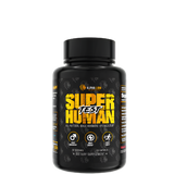 A bottle of SUPERHUMAN® TEST supplement with black and yellow label design.
