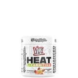 Container of VMI Sports Heat L-Carnitine Powder with colorful label design.