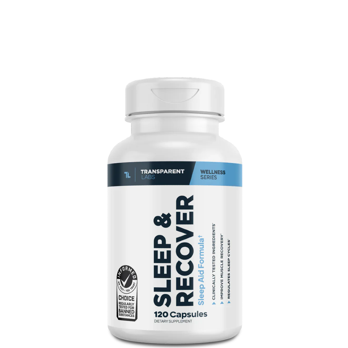 A bottle of Transparent Labs Sleep & Recover capsules with 120 capsules inside.