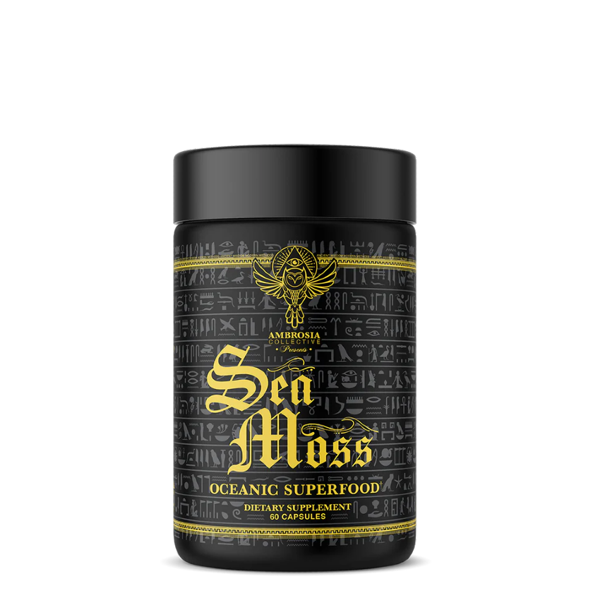 A black container labeled 'Sea Moss Oceanic Superfood' by Ambrosia Collective, indicating a dietary supplement.