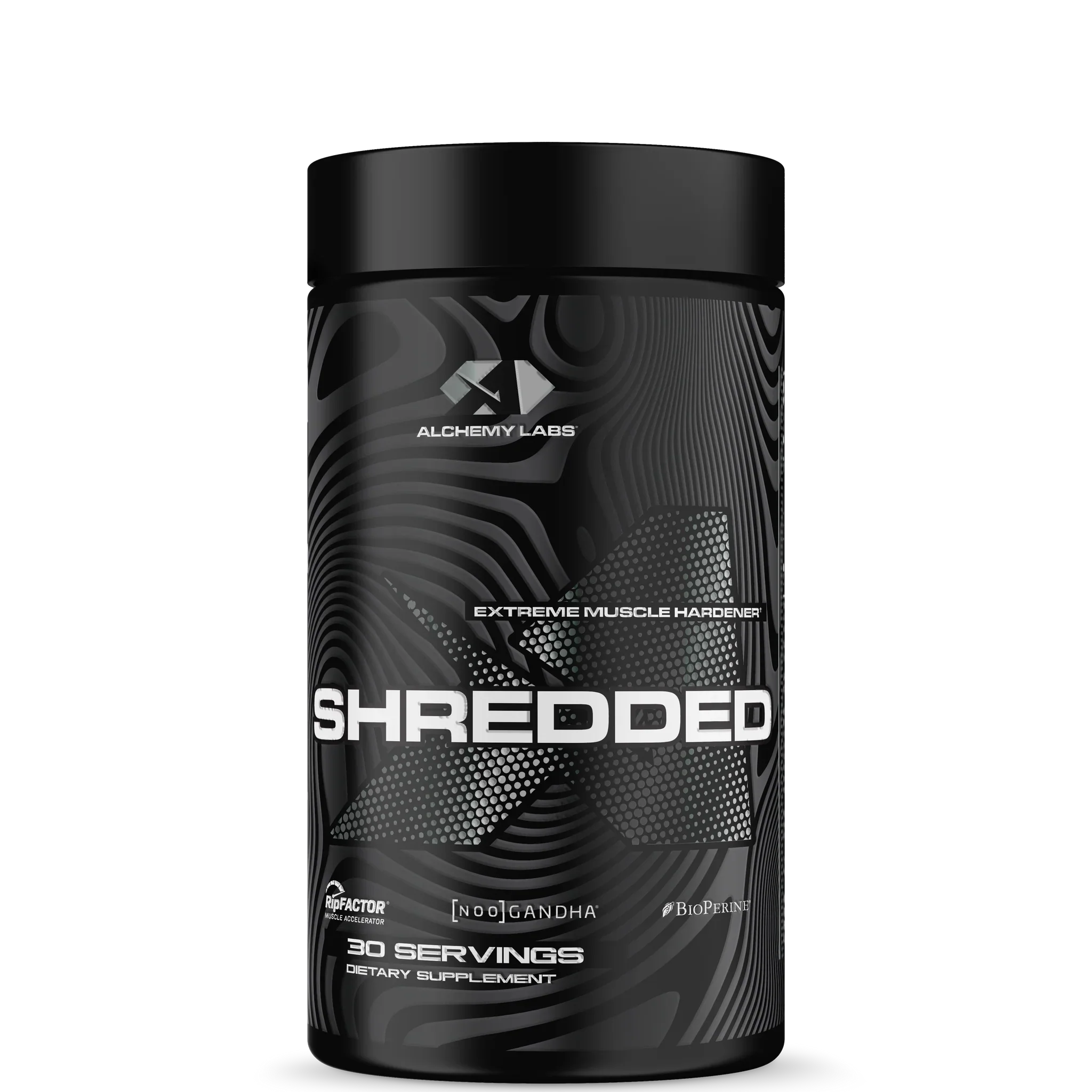 A container of Alchemy Labs Shredded dietary supplement, with a black and white design featuring the brand logo and product name.