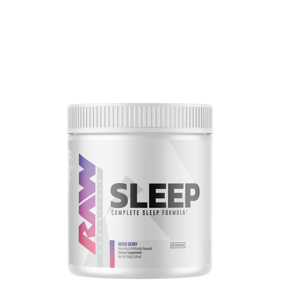 A container of Raw Sleep Formula Powder with branding and product name visible.