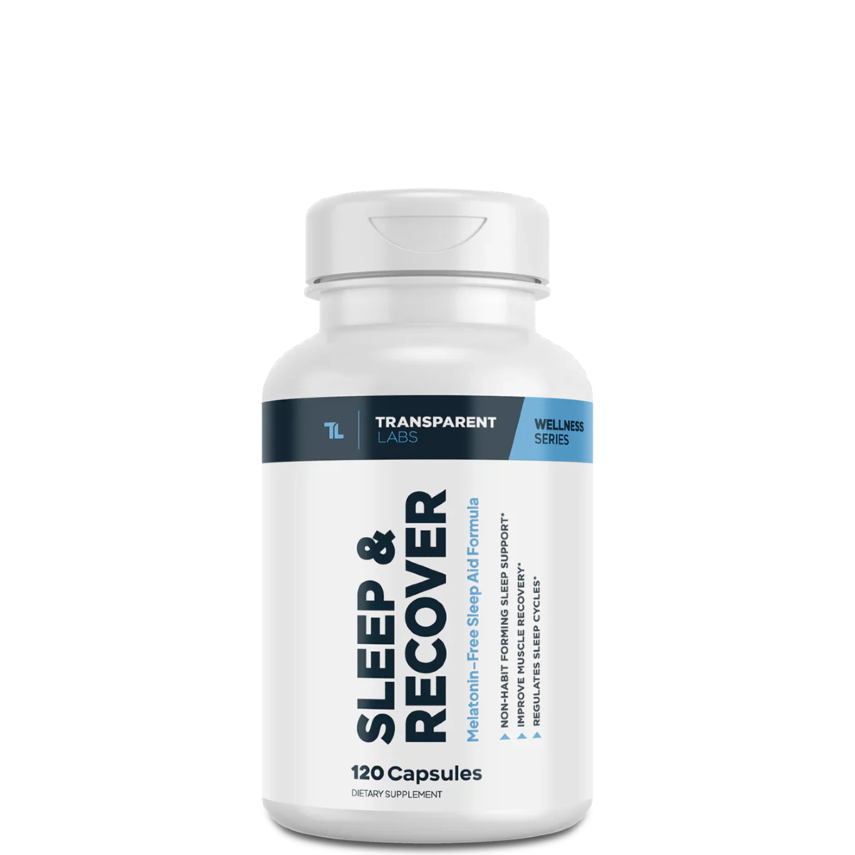 A bottle of Transparent Labs Sleep & Recover capsules, which is a melatonin-free sleep aid formula.